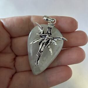 Rainbow Moonstone Fairy Pendant Sterling Silver Overlay